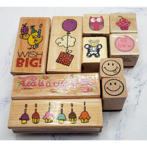 Lot of 10 Birthday and Characters Wood Mounted Rubber Stamps